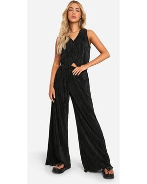 Boohoo Plisse Relaxed Fit Wide Leg Pants - Blue