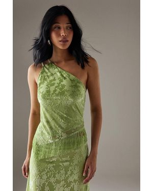 Warehouse Devore One Shoulder Fringe Cami Top - Green