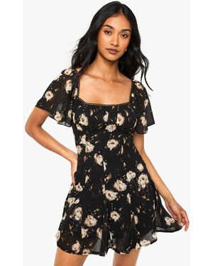 Boohoo Floral Milkmaid Godet Hem Mini Dress - Black