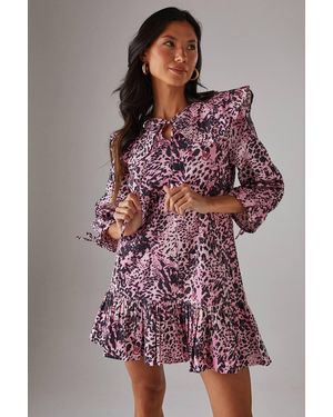 Warehouse Animal Poplin Oversized Collar Tie Detail Mini Smock Dress - Pink