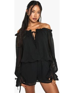 Boohoo Chiffon Bardot Dropped Waist Romper - Black