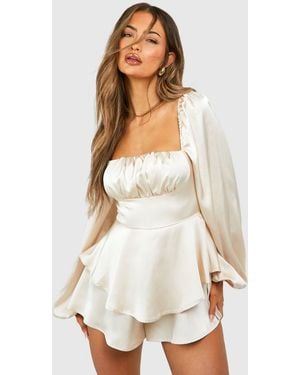 Boohoo Long Sleeve Ruched Ruffle Short Playsuit - White
