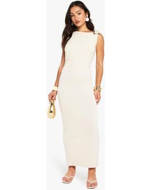 Boohoo Petite Slinky Trim Detail Asymmetric Maxi Dress - White