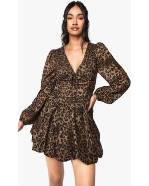 Boohoo Chiffon Leopard Print Puff Sleeve Milkmaid Skater Dress - Brown