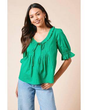 Dorothy Perkins Pintuck Cotton Puff Sleeve Top - Green
