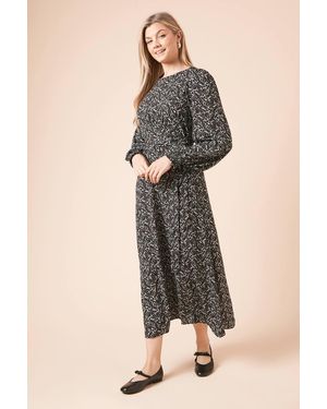 Dorothy Perkins Tall Mono Abstract Shirred Cuff Long Sleeve Midi Dress - Natural