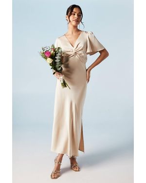 Oasis Satin Twist Front Angel Sleeve Midi Bridesmaid Dress - Natural