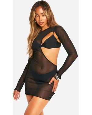 Boohoo Cutout Mesh Mini Beach Dress - Black