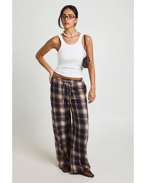 Boohoo Check Print Drawstring Waist Wide Leg Pants - Blue