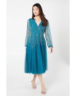 Coast Party Embellished Long Sleeve Midi Dress - Blue