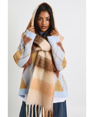 Boohoo Oversized Check Tassel Fluffy Scarf - Blue