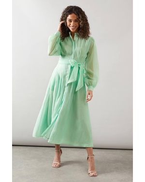 Wallis Textured Organza Midi Shirt Dress - Green