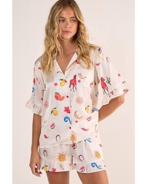 Nasty Gal Satin Western Conversational Ruffle Pajama Shorts Set - Pink