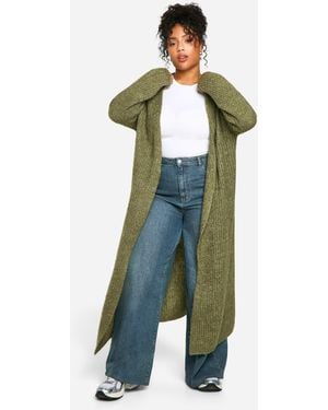 Boohoo Plus Soft Rib Knit Edge To Maxi Cardigan - Green