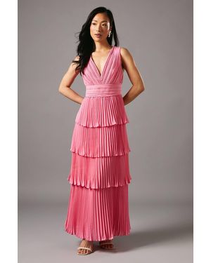 Coast Pleated Tiered Plunge Neck Dress - Pink