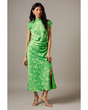 Warehouse Crinkle Satin Button Side Midi Dress - Green