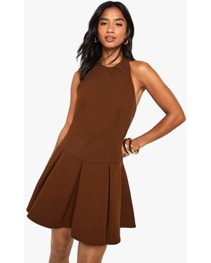 Boohoo Petite Tailored High Neck Pleated Mini Dress - Brown
