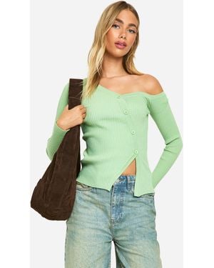 Boohoo Top De Punto Y Canalé Premium Con Un Hombro Descubierto - Verde