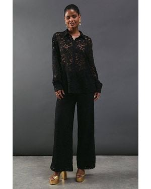 Warehouse Lace High Waist Straight Leg Trouser - Black