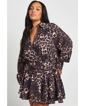 Boohoo Plus Leopard Ruffle Mini Skirt Shirt Dress - Brown