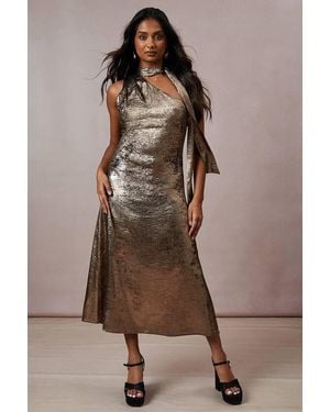 Oasis Occasion Metallic Bias Cut Tie Neck Midaxi Dress - Brown