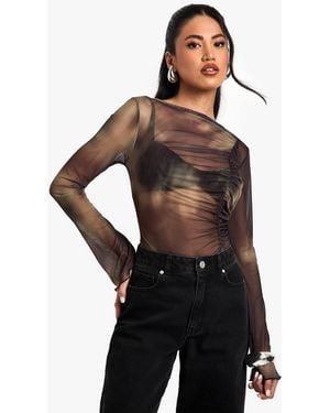 Boohoo Mesh Ruched Print Top - Black