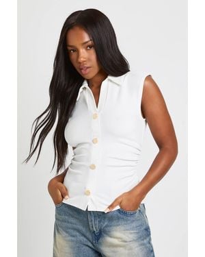 Boohoo Ribbed Button Cap Sleeve Top - White