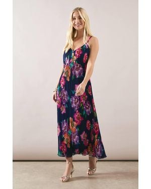 Wallis Petite Floral Pleated V Neck Midi Dress - Multicolor