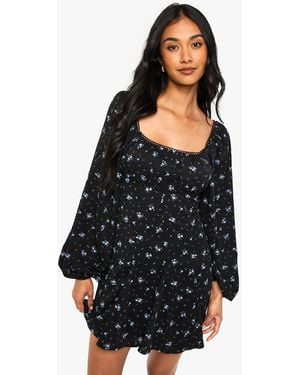 Boohoo Floral Milkmaid Godet Hem Long Sleeve Mini Dress - Black