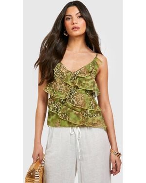 Boohoo Snake Printed Ruffle Chiffon Cami - Green