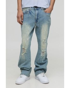 Boohoo Slim Flared Scattered Rhinestone Ripped Jeans - Azul