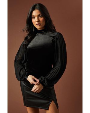 Oasis Pleated Chiffon Sleeve Velvet Tie Back Blouse - Brown