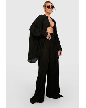 Boohoo Shirred Waist Woven Wide Leg Beach Pants - Black