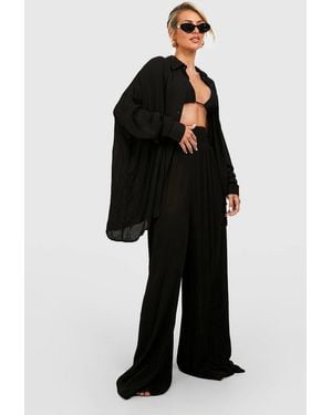 Boohoo Shirred Waist Woven Wide Leg Beach Pants - Black
