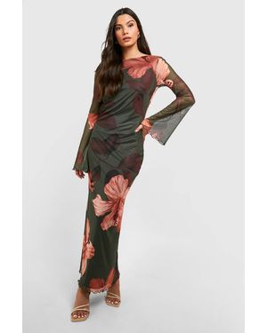 Boohoo Hibiscus Mesh Scoop Back Maxi Dress - Green