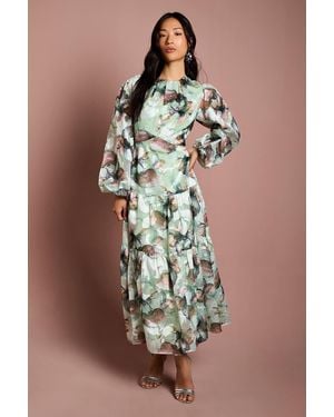 Coast 3/4 Puff Sleeve Printed Jacquard Midaxi Dress - Brown