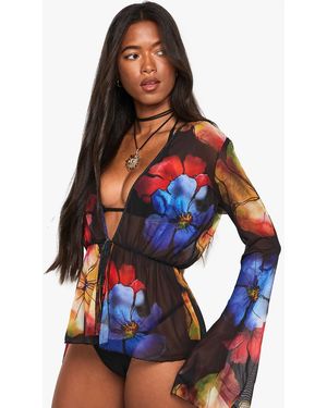 Boohoo Bold Floral Tie Front Beach Top - Blue