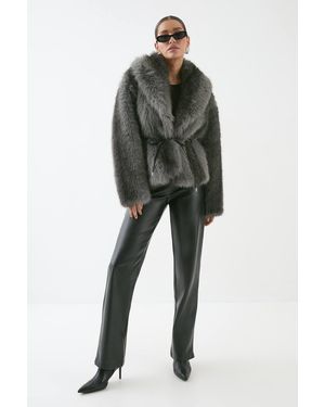 MissPap Faux Fur Wide Collar Belted Jacket - Gray