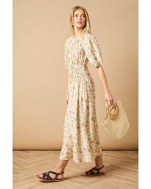 Oasis Printed Shirred Bodice Puff Sleeve Midi Dress - Natural