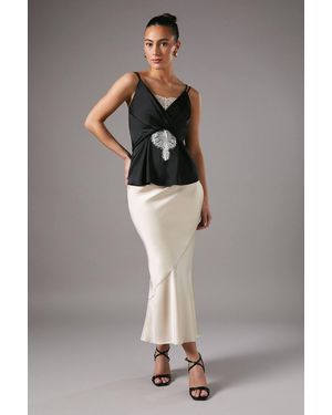 Coast Lace Insert Wrap Front Satin Tank - Gray
