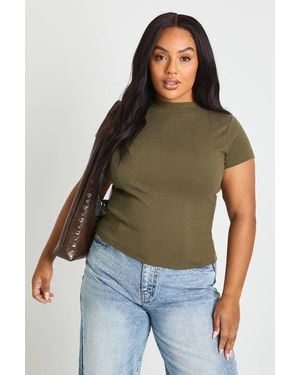 Boohoo Plus Basic Rib Short Sleeve Fitted Top - Green