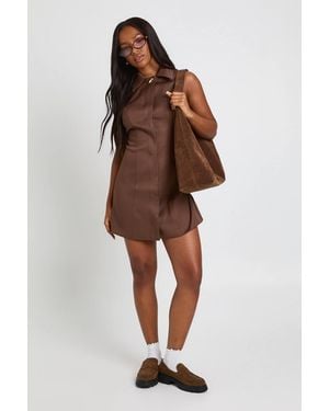 Boohoo Trim Detail Collared Sleeveless Shift Dress - Brown