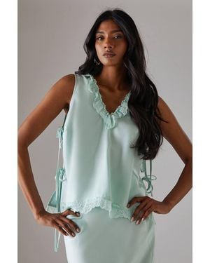 Warehouse Satin Lace Insert Tie Side Cami Top - Blue