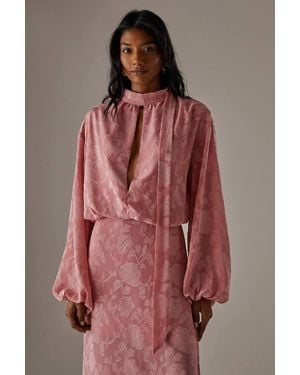 Warehouse Chiffon Jacquard High Neck Slash Front Blouse - Red