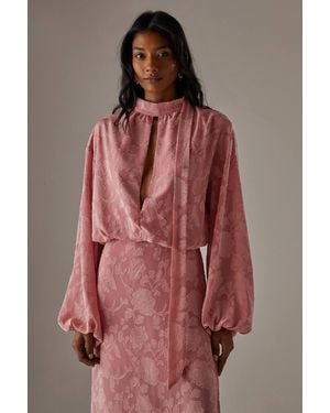 Warehouse Chiffon Jacquard High Neck Slash Front Blouse - Red