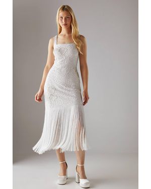 Warehouse Hen Premium Hand Embellished Sequin Flower Fringe Hem Midi Dress - White
