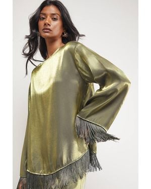 Warehouse Satin Fringe Hem Oversized Top - Green