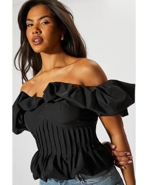 MissPap Ruffle Bardot Cinched Waist Top - Black