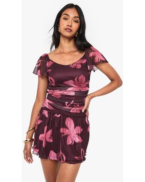 Boohoo Floral Print Ruched Cap Sleeve Mini Dress - Red