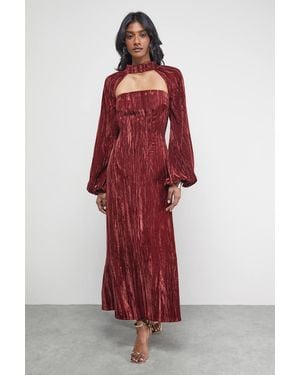 Warehouse Crinkle Velvet Cutout Blouson Sleeve Midi Dress - Red